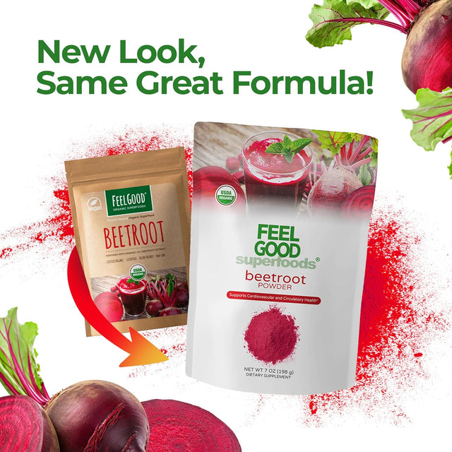 Feelgood Superfoods Fortified Organic Beetroot Powder, Nitric Oxide Booster for Cooking and Smoothies, Pure Beets with 10:1 Beet Root Extract, 7 Oz