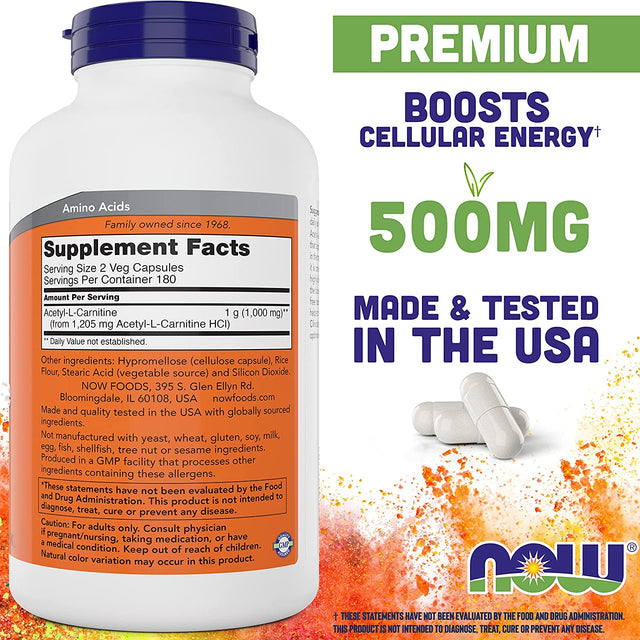 Now Foods Now Acetyl L Carnitine 500Mg, 360 Veg Caps (Pack of 2) - Non-Gmo ACL 500 Mg Capsules Supplement for Men and Women