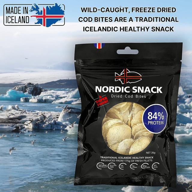 Nordic Catch Freeze Dried Cod Bites Seafood Snacks - Chips Made from Wild Caught Icelandic Fish - Healthy Snack, Rich in Omega 3 Fatty Acids, Protein Packed Keto Friendly Food - 35G Resealable Bag