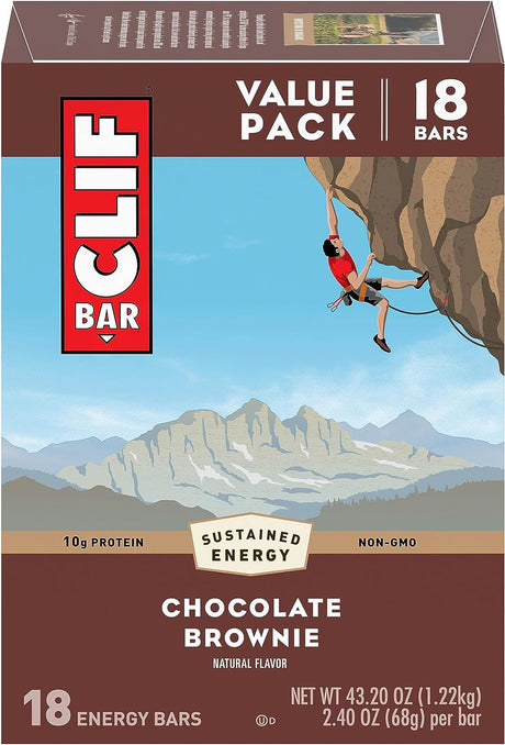 CLIF BAR - Chocolate Brownie Flavor - Made with Organic Oats - 10G Protein - Non-Gmo - Plant Based - Energy Bars - 2.4 Oz. (18 Pack)