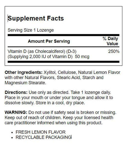 Solaray - Vitamin D3 with Xylitol Fresh Lemon Flavor 2000 IU - 60 Lozenges