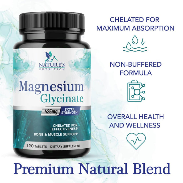 Magnesium Glycinate 425 Mg with Calcium - Natural, High Absorption Magnesium Tablets Chelated for Muscle, Nerve, Bone & Heart Health Support - Non-Gmo, Gluten Free, Vegan Supplement - 120 Tablets