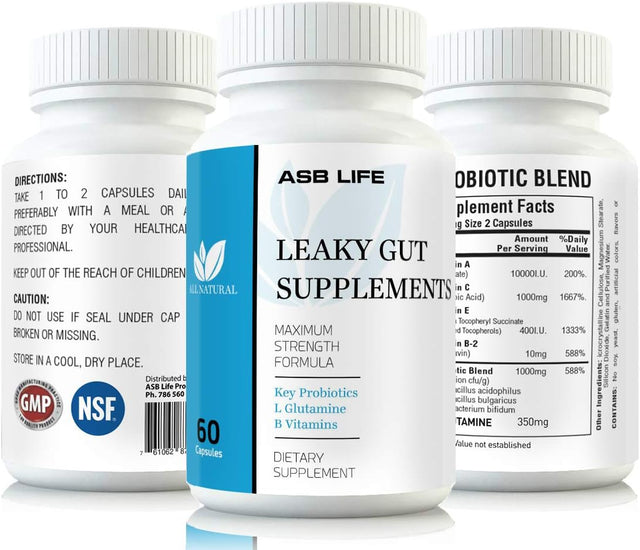 Flush Leaky Gut Supplements IBS Bloating Nipation Supports Relief of Heartburn Gas, SIBO L Glutamine, Key Probiotics B Vitamins, Vitamin A