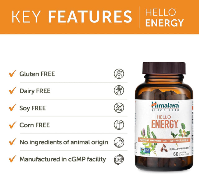 Himalaya Hello Energy Herbal Supplement with Ashwagandha, Amla, Haritaki, Daily Energy Support, Positivity, Metabolism, Caffeine Free, Gluten Free, Non-Gmo, Vegan, 60 Capsules, 30 Day Supply