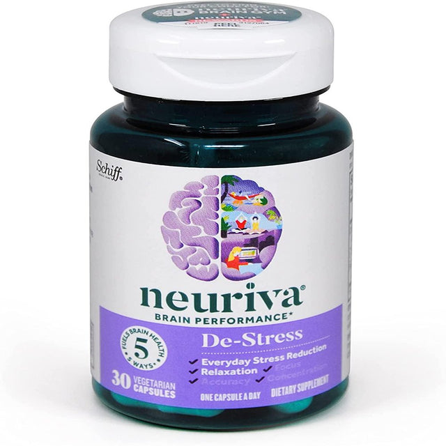 NEURIVA Destress Brain Supplement (30 Count in a Box) for Focus, Concentration & Accuracy for Relaxation & Everyday Stress Reduction