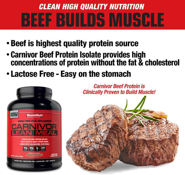 Musclemeds CARNIVOR LEAN MEAL Whole Food Meal Replacement Shake, MRE, Beef Protein Isolate, White Potato, Sweet Potato, 40G Protein, 40 G Carbs, Lactose Free, Sugar Free, Chocolate Fudge 20 Servings