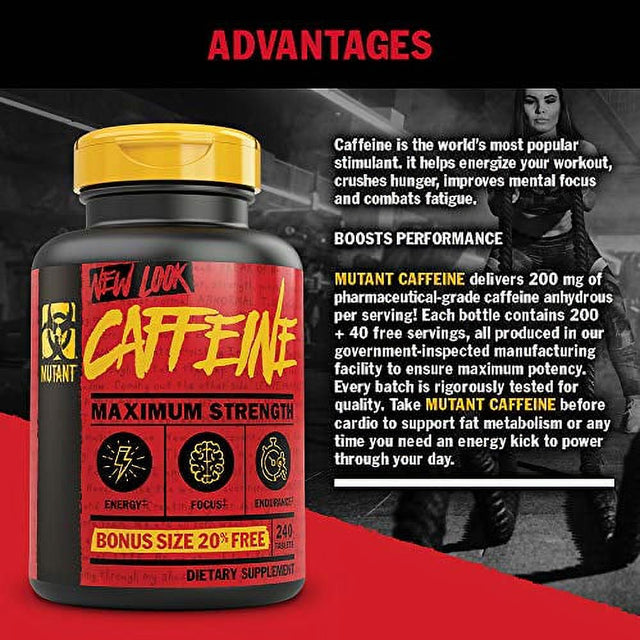 Mutant Caffeine Â€“ Pure and Straightforward Pharmaceutical-Grade Caffeine Pills Â€“ Helps to Temporarily Restore Mental Alertness or Wakefulness When Fatigued Â€“ 240 Tablets