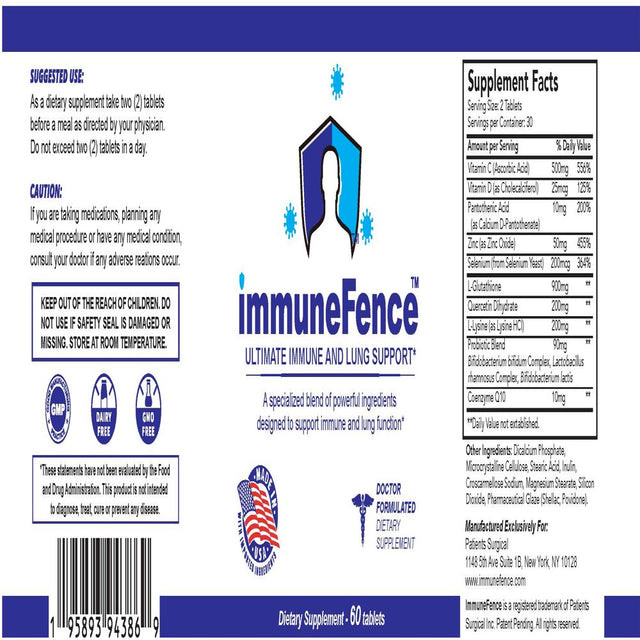 Immunefence 12-In-1 Extensive Immune and Lung Function Booster Supplement, Powerful Patented Blend of Selenium, L-Glutathione, L-Lysine, Quercetin, Vitamin C and Zinc, 60 Count