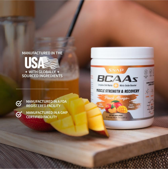 Snap Supplements Plant-Based BCAA Powder with Nitric Oxide Booster, No Artificial Flavors, Support Muscle Strength and Recovery, 30 Servings, Peach Mango