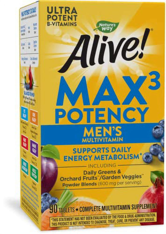 Natureâ€™S Way Alive! Menâ€™S Max3 Potency Multivitamin, Supports Healthy Aging*, Supports Cellular Energy*, B-Vitamins, Gluten-Free, 90 Tablets