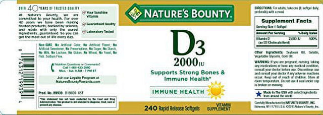 Nature'S Bounty Vitamin D-3, 2000 Iu, 480 Softgels (2 X 240 Count Bottles)