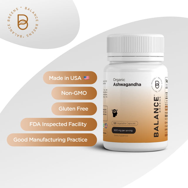 Balancebreens Certified Organic Ashwagandha 1600 Mg with Black Pepper - 120 Vegan Capsules - Stress, Mood, Energy and Thyroid Support Supplement - Non-Gmo Gluten-Free Pills