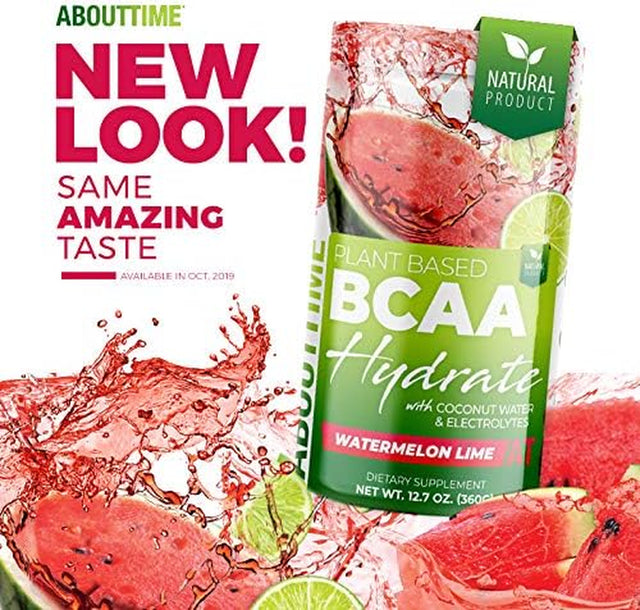 About Time Plant Based BCAA Hydrate with L-Glutamine & Electrolytes (Non-Gmo, Gluten Free, Monk Fruit Extract) - Watermelon Lime, 20 Servings