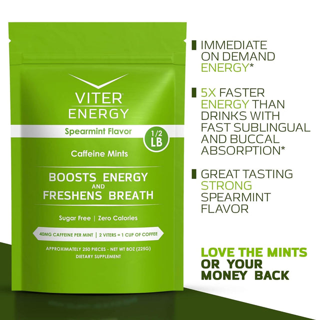 Viter Energy Original Caffeine Mints Spearmint Flavor 6 Pack and 1/2 Pound Bulk Bag Bundle - 40Mg Caffeine, B Vitamins, Sugar Free, Vegan, Powerful Energy Booster for Focus and Alertness