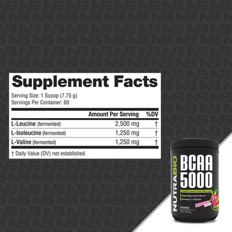 Nutrabio BCAA 5000 Powder - Vegan Fermented Bcaas - Supports Lean Muscle Growth, Recovery, Endurance - Zero Fat, Sugar, and Carbs - 60 Servings - Dragonfruit Candy