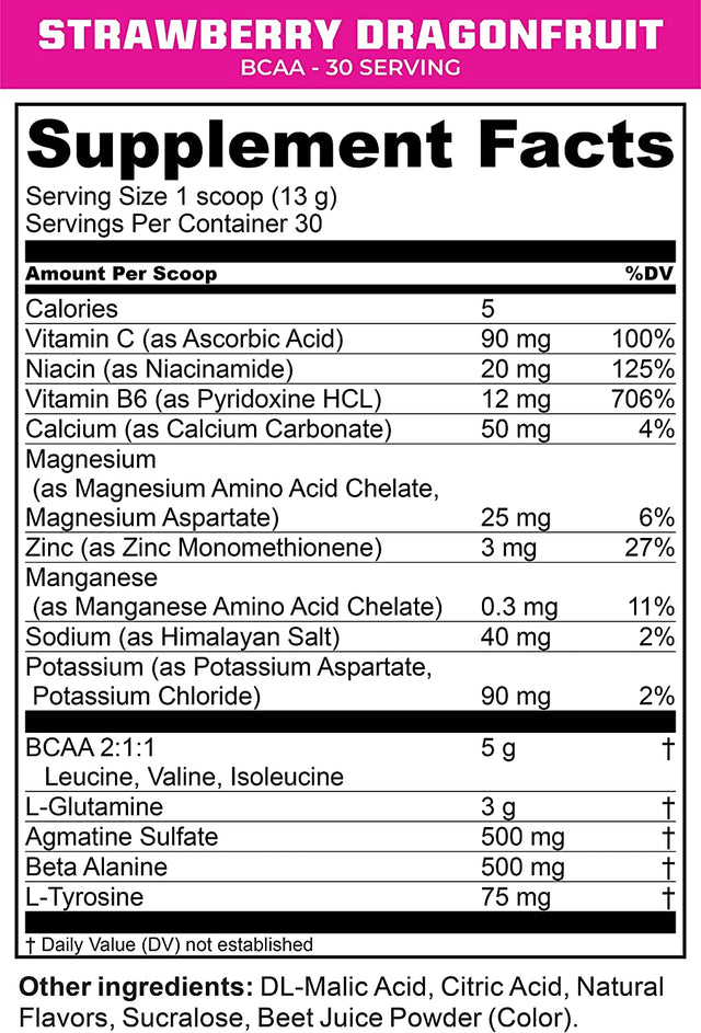 MTN OPS BCAA 2:1:1 Amino Acids Supplement Powder for Rapid Muscle Recovery & Repair with Zero Sugar & Gluten Free (30-Serving Tub, Strawberry Dragonfruit)