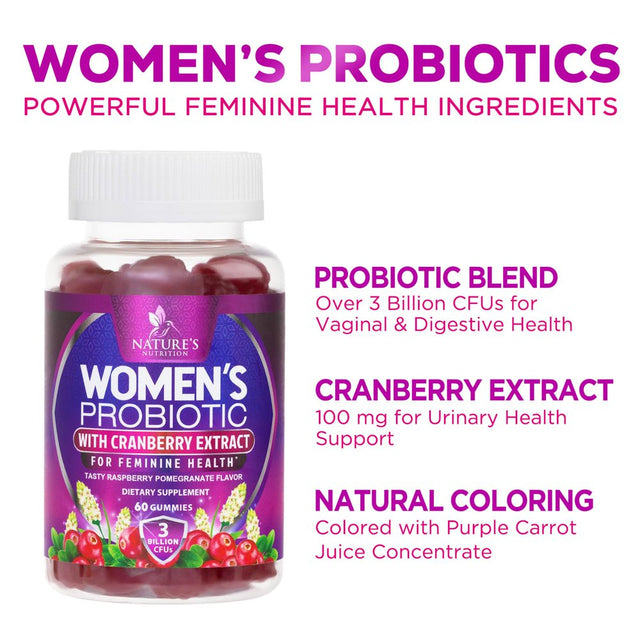 Probiotics for Women Gummy with Cranberry, 3 Billion CFU Guaranteed with 6 Diverse Strains, Womens Probiotic Gummies for Digestive, Vaginal Ph, Urinary & Immune Health Support, Non-Gmo - 60 Gummies