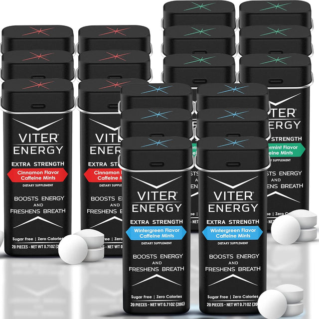 Viter Energy Extra Strength Caffeine Mints All 3 Flavors 6 Pack Bundle for 18 Total Packs - 80Mg Caffeine, B Vitamins, Sugar Free, Vegan, Powerful Energy Booster for Focus and Alertness