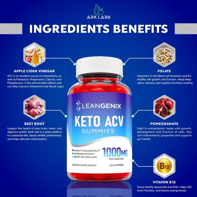 (1 Pack) Leangenix Keto ACV Gummies - Apple Cider Vinegar Supplement for Weight Loss - Energy & Focus Boosting Dietary Supplements for Weight Management & Metabolism - Fat Burn - 60 Gummies