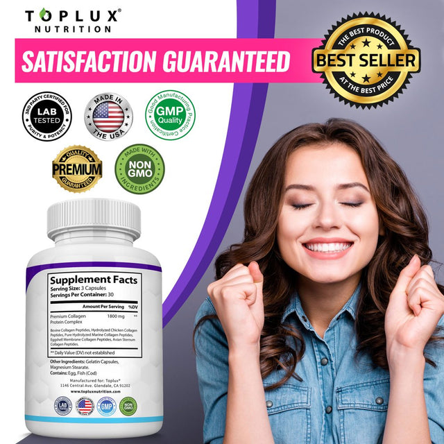 Toplux Multi Collagen Peptides Pills 1800Mg Collagen Complex Type I, II, III, V, X for Better Skin & Hair, Strong Joint, Hydrolyzed Protein 90 Capsules