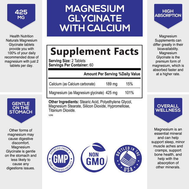 Magnesium Glycinate 425 Mg with Calcium - Natural, High Absorption Magnesium Tablets Chelated for Muscle, Nerve, Bone & Heart Health Support - Non-Gmo, Gluten Free, Vegan Supplement - 120 Tablets