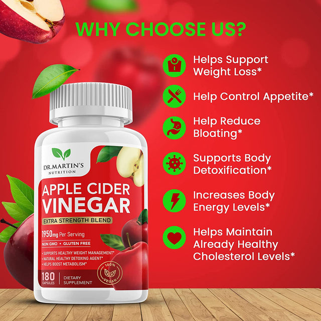 Pure 1950Mg Apple Cider Vinegar Supplement | 180 Capsules | No Sour Taste | Pills for Healthy Metabolism, Bloating & Energy | Detox & Digestion Support| Non-Gmo, Gluten Free | 100% Natural & Raw