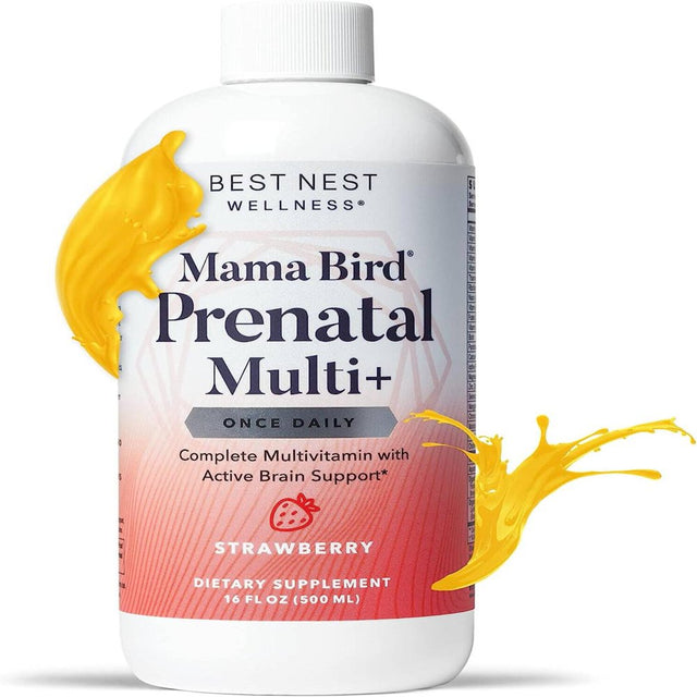 Mama Bird Prenatal Liquid Multi+ Vitamins, Methylfolate, Strawberry Flavor, Best Nest Wellness, 16 Oz