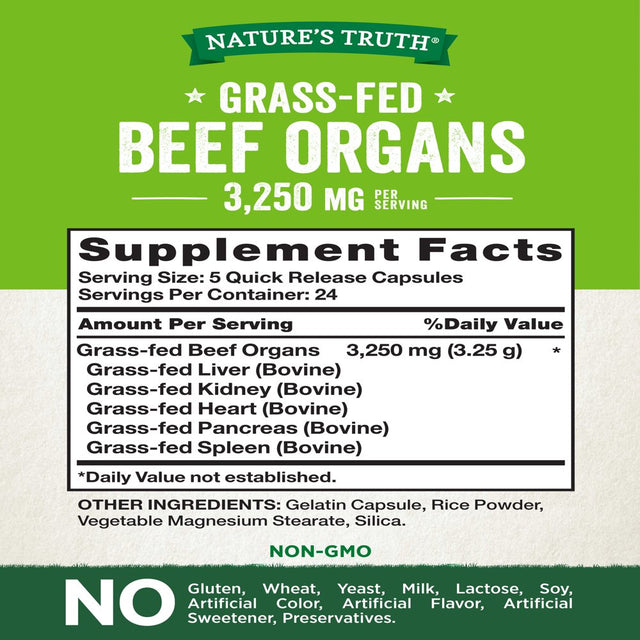 Grass Fed Beef Organs Capsules | 120 Count | 3250Mg Complex of Liver, Heart, Kidney, Pancreas, Spleen | Non-Gmo & Gluten Free Supplement | by Nature'S Truth