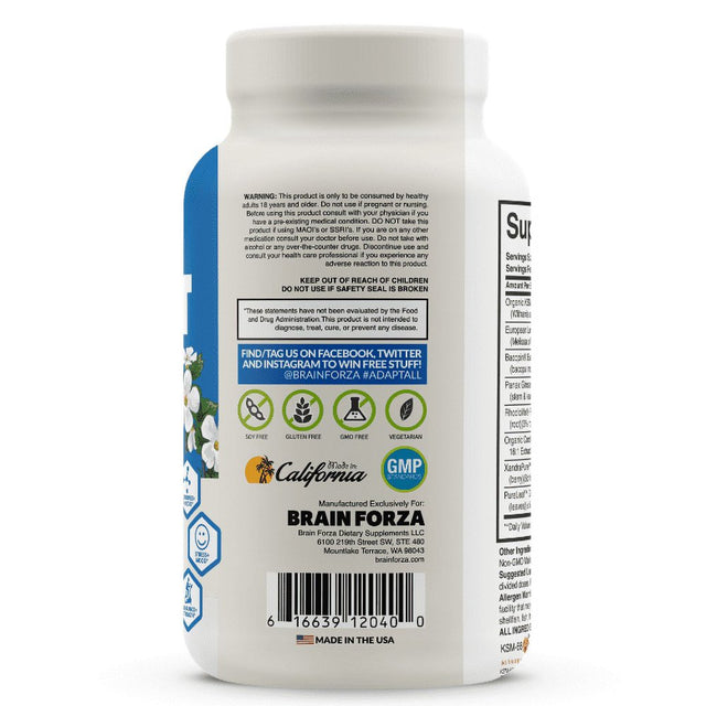 Brain Forza Adapt All Herbal Adaptogen for Stress, Mood and Athletic Performance W/ KSM-66 Ashwagandha, Bacopa, Rhodiola Rosea, Cordyceps, Lemon Balm, Ginkgo Biloba USP, 150 Capsules