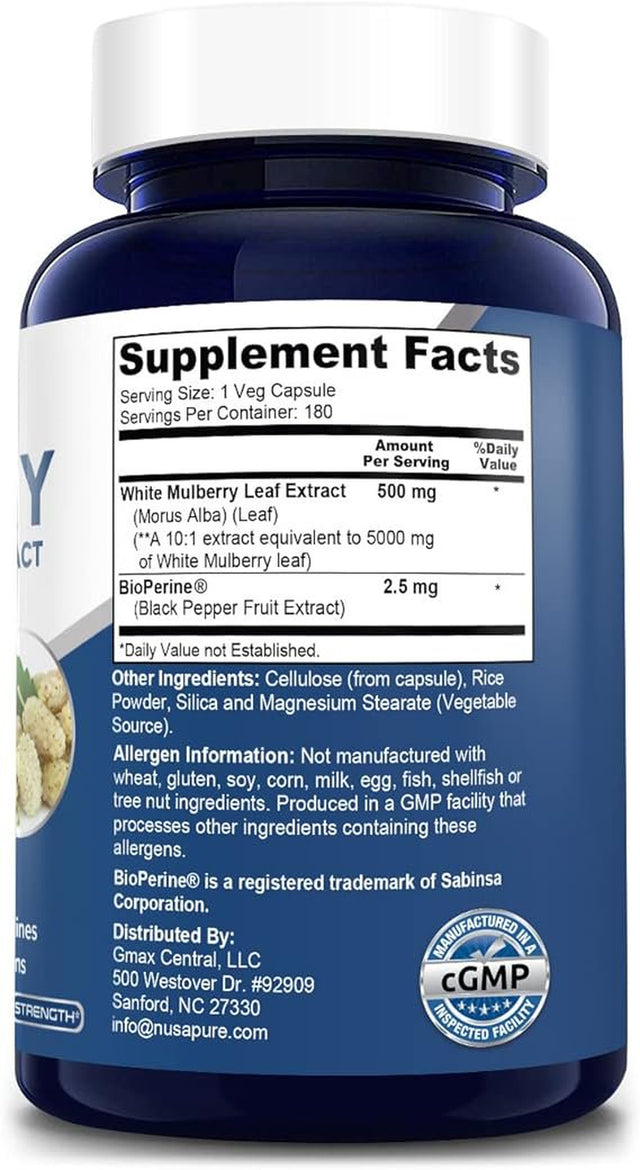 Nusapure 5,000Mg White Mulberry Leaf Extract 180 Veggie Caps with Bioperine, a Vegetarian Dietary Supplement Promoting Adult Wellness, Better Health, and a Unisex Approach