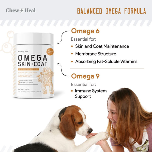 Chew + Heal Omega Skin and Coat Supplement - 180 Soft Chews - Salmon Fish Oil for Dogs and Cats