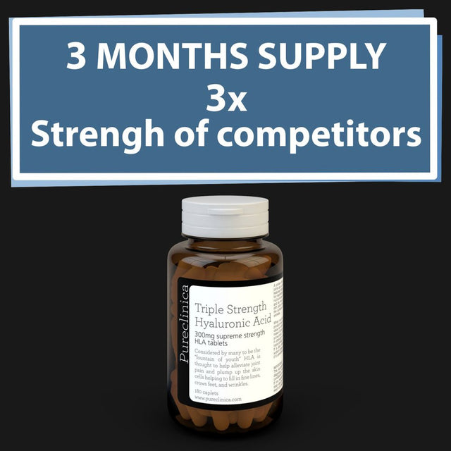 Hyaluronic Acid 300Mg X 180 Tablets (3 Months Supply). Triple Strength Hyaluronic Acid. 300% Stronger than Any Other HLA Tablet