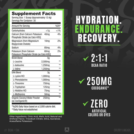 Ryse Core Series BCAA+EAA | Recover, Hydrate, and Build | with 5G Branched Chain Aminos and 3G Essential Aminos | 30 Servings (Cherry Limeade)