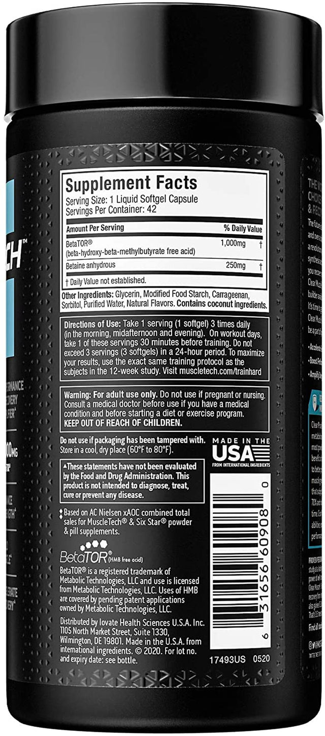 Muscletech Clear Muscle Post Workout Recovery | Muscle Builder for Men & Women | HMB, Sports Nutrition & Muscle Building Supplements, 42 Ct