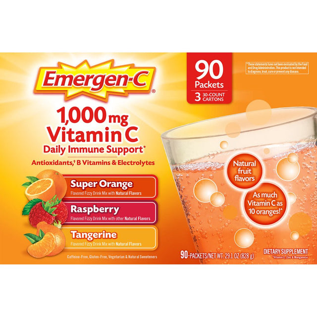 Emergen-C Variety Pack Dietary Supplement Drink Mix with 1000Mg Vitamin C, 3 Flavors (90 Ct., 32 Oz. Pks.)