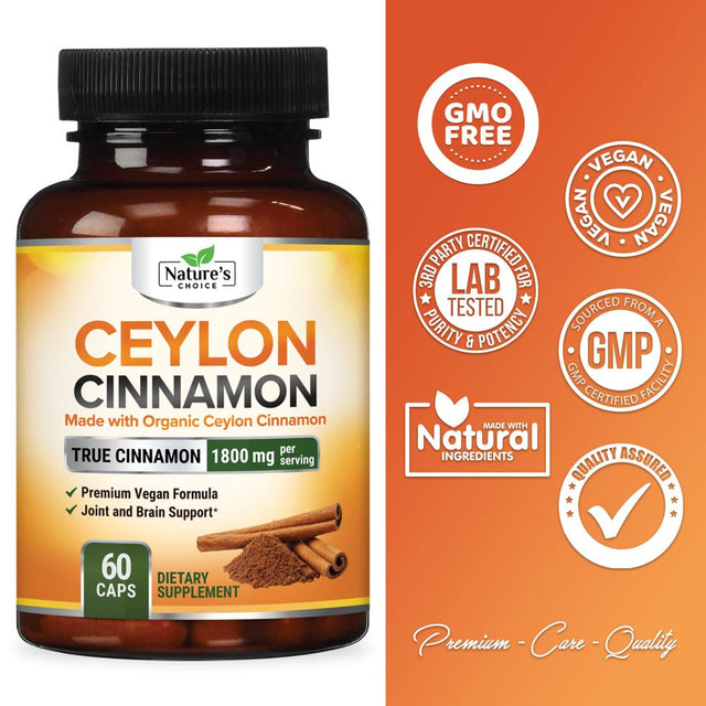 Ceylon Cinnamon Capsules - Certified Organic Cinnamon Pills, Non-Gmo, Dairy & Gluten Free, Sri Lanka Cinnamon Powder Supplement, Vegan True Cinnamomum Vitamins, Sugar Free, 60 Count Cinnamon Capsules