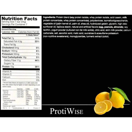 Protiwise - 15G Protein, Very Low Carb, Low Calorie, Low Fat, | 7/Box | High Fiber Snack Bar, KETO Diet Friendly, Gluten Free (Lemon Cream)