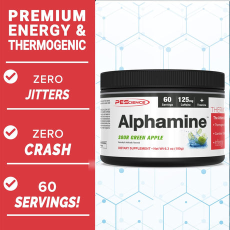 Pescience Alphamine, Sour Green Apple, 60 Scoops, Thermogenic Energy Powder with L-Carnitine