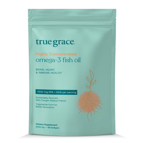 True Grace Omega-3 Fish Oil 2000 Mg Supplement EPA + DHA Brain Heart Joint & Immune Health Support - Triglyceride Form Wild-Caught, Molecularly Distilled, Purified Gluten-Free, Soy-Free - 180 Softgels