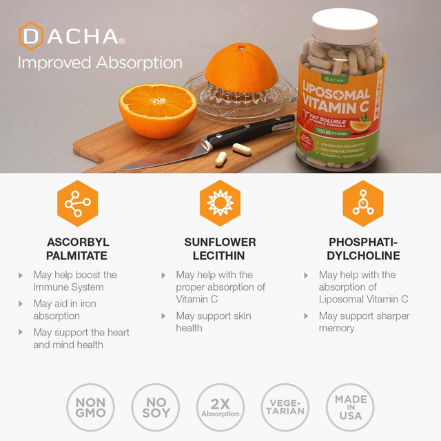 DACHA Natural Liposomal Vitamin C - 1700Mg, 200 Capsules, Immune System & Collagen Booster, High Absorption Fat Soluble VIT C, Buffered, Skin Vitamins, Sunflower Lecithin