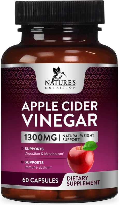 Apple Cider Vinegar Capsules for Detox and Cleanse, Digestion, and Immune Support, - 1300 Mg per Serving Premium ACV Pills - Gluten Free, Keto Friendly, Non-Gmo Supplement - 60 Capsules