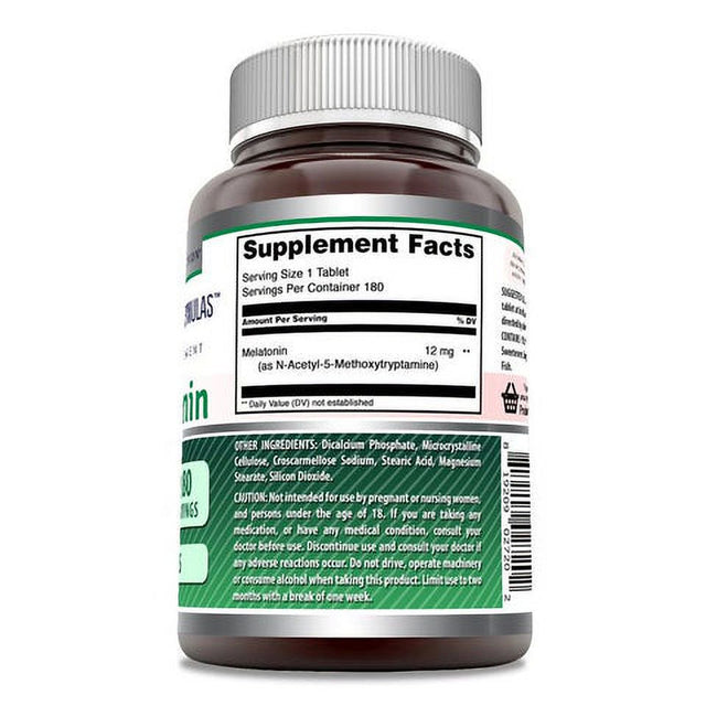 Amazing Formulas Melatonin Supplement | Unflavored | 12 Mg per Serving | 180 Tablets | Non-Gmo | Gluten-Free | Made in USA