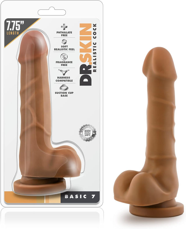 Blush Dr. Skin 7 3/4 Inch Soft Slim Shaft Beginners Fragrance Free Realistic Basic 7 Dildo with Prominent Head - Suction Cup Harness Compatible Adult Toys - Sex Toy for Women Men Couples - Mocha