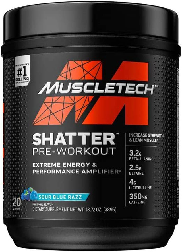 Pre Workout Powder Muscletech Shatter Pre-Workout Preworkout Powder for Men & Women Preworkout Energy Powder Drink Mix Sports Nutrition Pre-Workout Products | Sour Blue Razz (20 Servings)