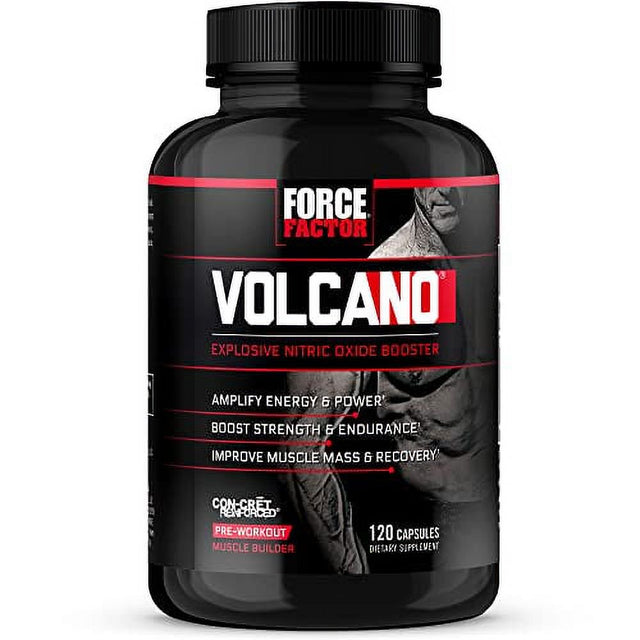 Volcano Pre Workout Nitric Oxide Booster Supplement for Men with Creatine and L-Citrulline to Boost Nitric Oxide and Energy, Build Muscle, Better Pump and Workout, Force Factor, 120 Capsules