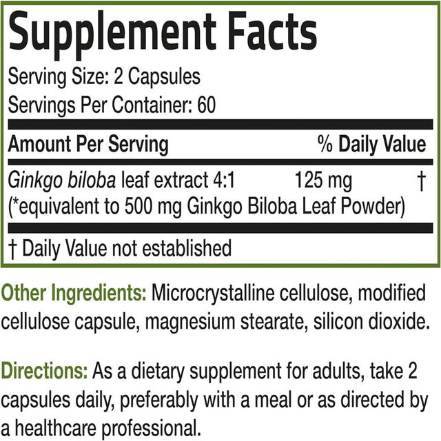 Bronson Ginkgo Biloba Extra Strength 125Mg (4:1 Extract) Equivalent to 500Mg per Serving - Supports Brain Function & Memory Support, 120 Vegetarian Capsules 120 Count (Pack of 1)