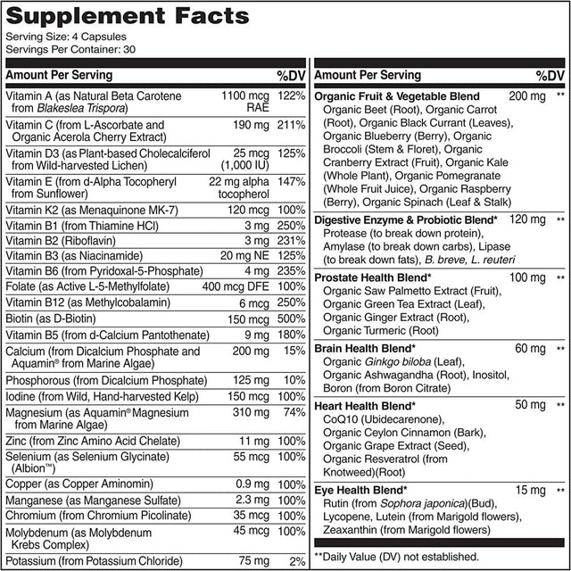 NATURELO Whole Food Multivitamin for Men 50+ - with Vitamins, Minerals, Organic Herbal Extracts - Vegan Vegetarian - for Energy, Brain, Heart and Eye Health - 120 Capsules