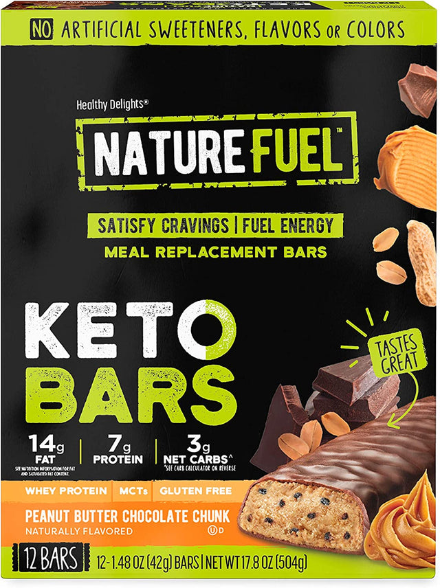 Nature Fuel Low Carb Meal Replacement Bar, Keto Friendly Snack for Weight Loss with 0G Added Sugar & Whey Protein Mcts, Peanut Butter Chocolate Chunk, 12 Count Box