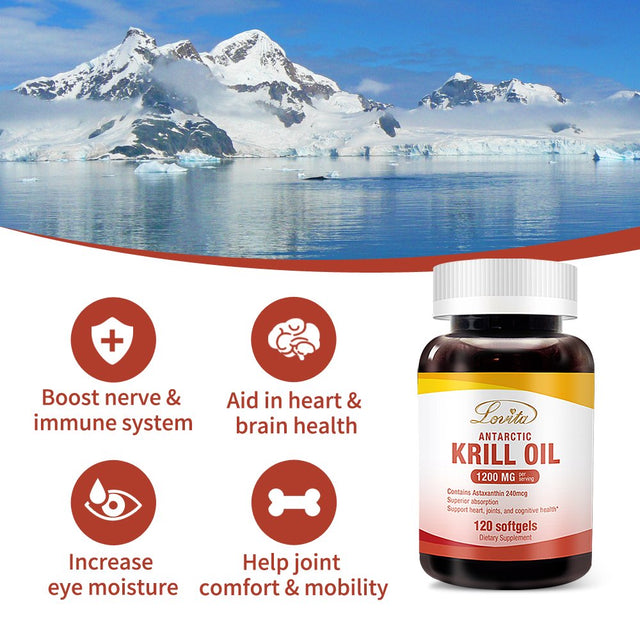 Lovita Krill Oil 1200Mg with Astaxanthin, EPA DHA Omega 3 Supplement, anti Inflammatory Supplement for Brain Booster, Joint Health and Cardiovascular Health, 120 Krill Oil Softgels