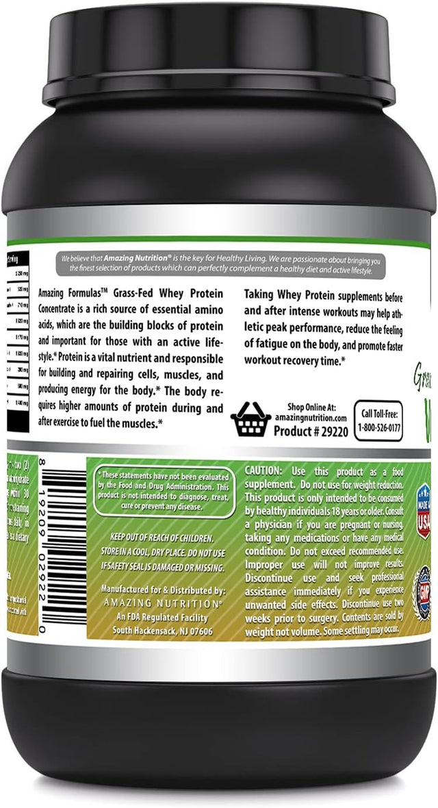 Amazing Formulas Grass FED Whey Protein (Non-Gmo, Gluten Free) -Made with Natural Sweetener and Flavor - Rbgh & RBST Free -Supports Energy Production & Muscle Growth (Unflavored, 2 Lb)